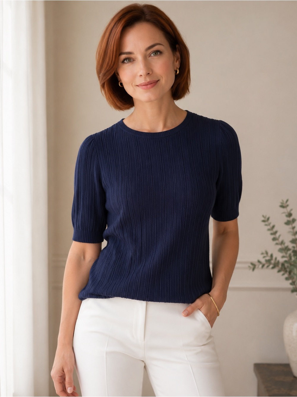 Classic Ribbed Wonderly Pleated Knit Top – Petite Medium -NWT